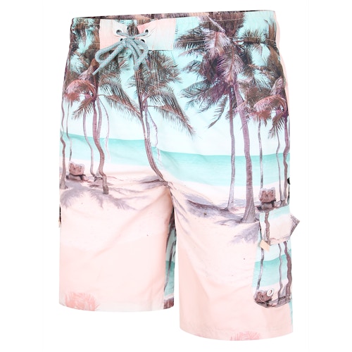 KAM Palm Print Cargo Swim Shorts Pink